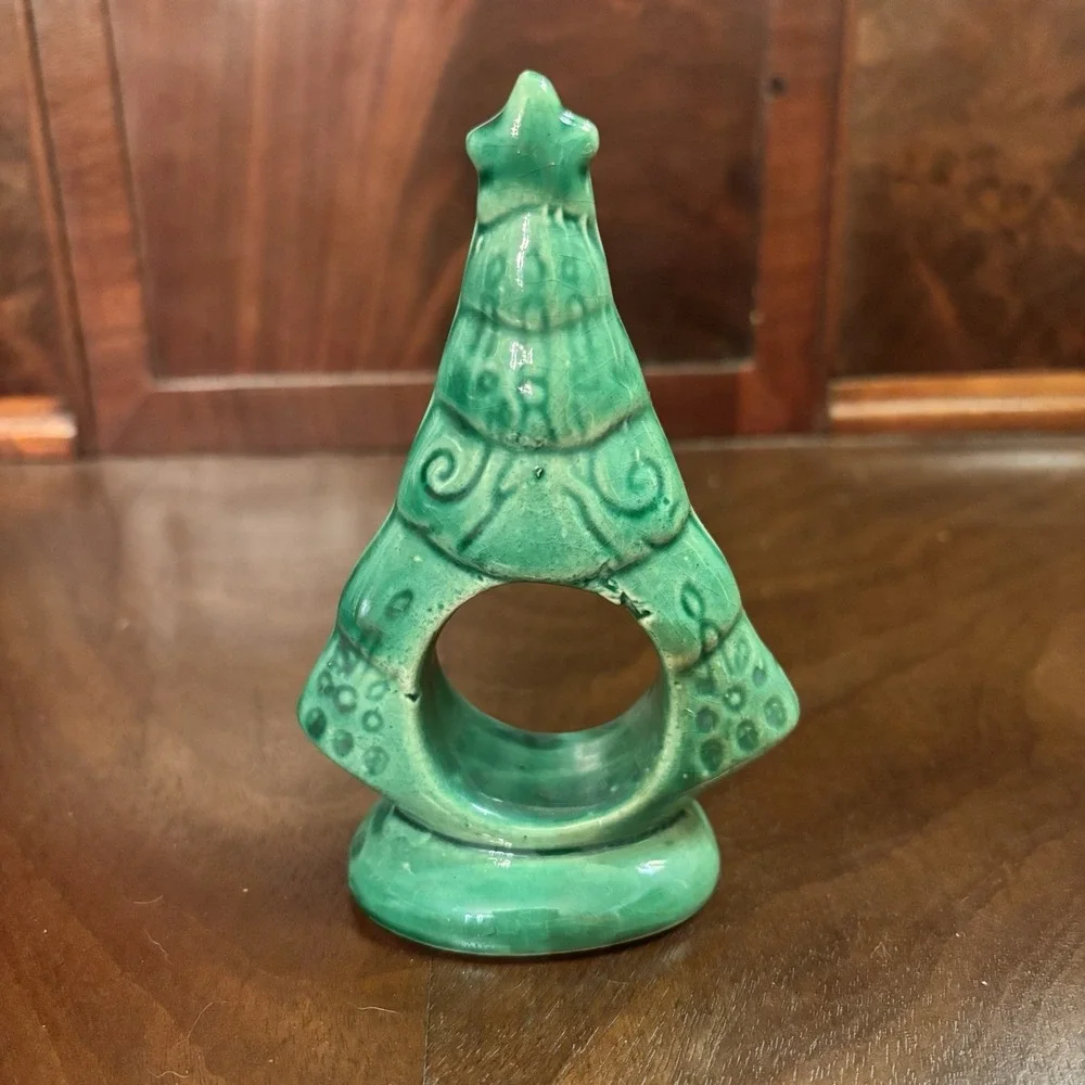 Vintage Christmas‎ Tree Napkin Rings Green Ceramic Set of 8 Holiday